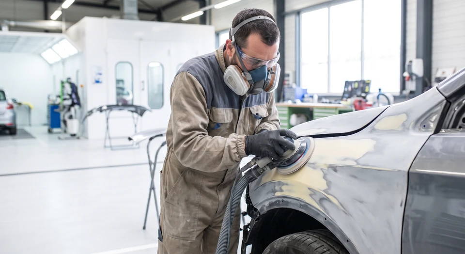 Gros plan sur un carrossier qualifié en train de poncer ou de préparer une carrosserie automobile avec un équipement professionnel, montrant la précision et l'attention au détail apportées au travail. La photo doit mettre l'accent sur la qualité de exécution et le soin professionnel du travail de réparation automobile.